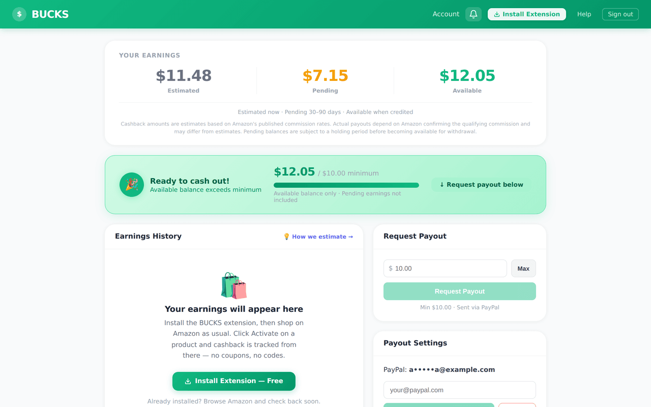 BUCKS dashboard: the Your Earnings summary showing Estimated, Pending and Available balances, a Next Payout card reading Ready to cash out, and the Request Payout panel